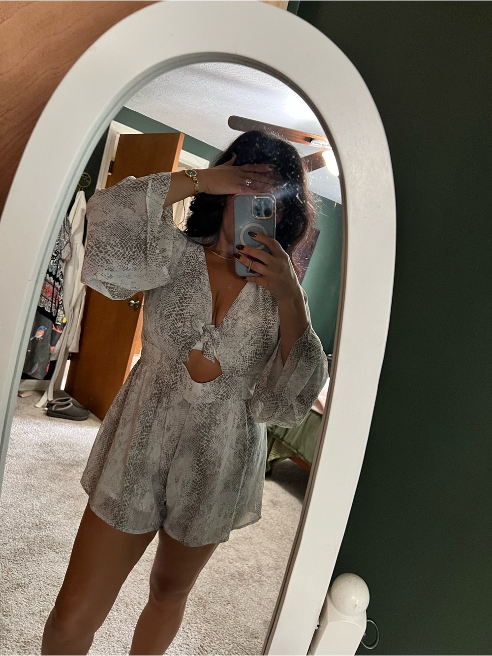 Light Gray Snake Print Tie-Front Romper